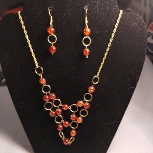Handmade necklace earrings set amber and gold tone